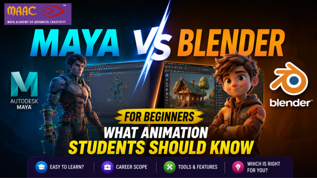 Maya vs Blender for beginners comparison thumbnail with MAAC logo highlighting animation software differences, career scope, and learning path.